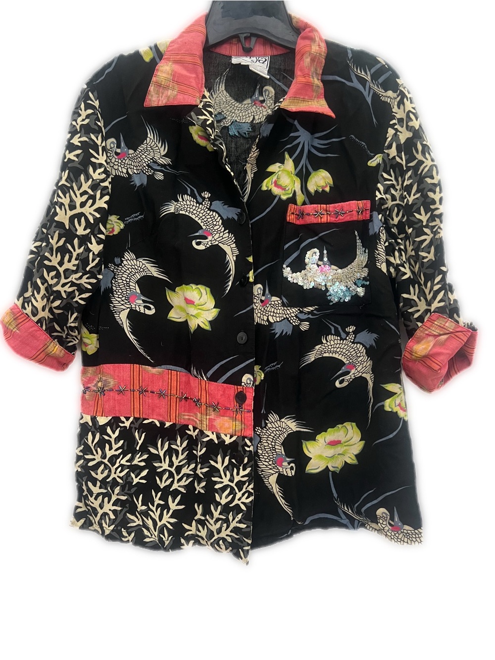 Surya button up shirt with bird print and sequins. Size medium